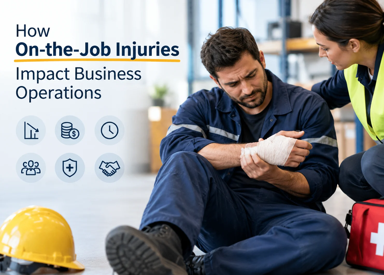 A workplace injury scene showing an injured employee with a bandaged wrist receiving assistance from a colleague, alongside safety equipment and business-related icons representing productivity, costs, delays, employee support, workplace safety, and operational resilience.